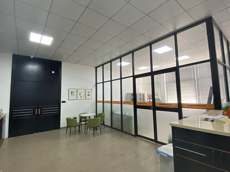 Modern office reception area with corporate branding